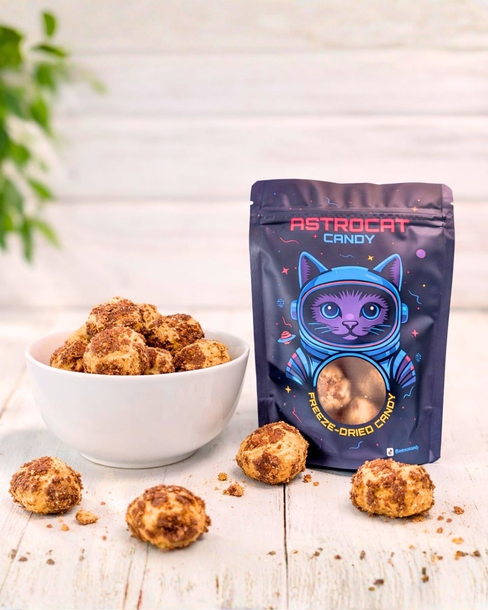 Gefriergetrocknete Crispy Caramel von Astrocat Candy in Vorderansicht mit Tüte