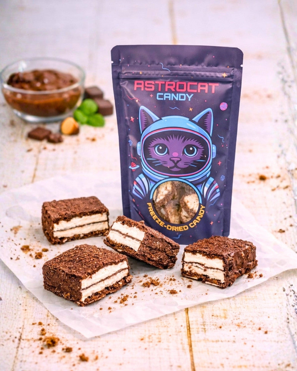 Gefriergetrocknete Pinguinschnitte in der Vorderansicht mit stehender Tüte, knusprig und hochwertig als Produktfoto dargestellt.