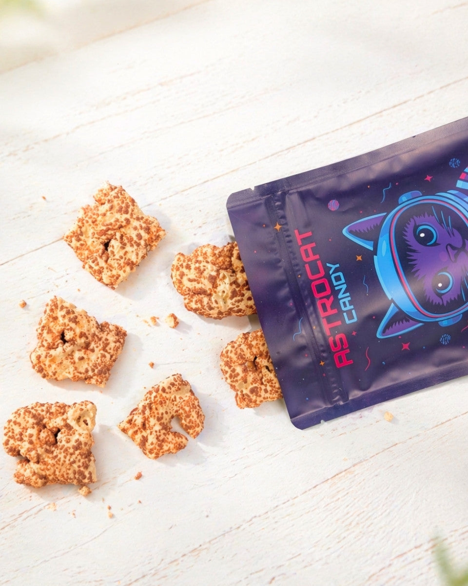 Gefriergetrocknete Crunchy Wunchy in der Tüte in der Draufansicht, knusprig und hochwertig als Produktfoto dargestellt.