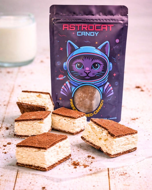 Gefriergetrocknete Astroschnitten von Astrocat Candy in Vorderansicht mit stehender Tüte