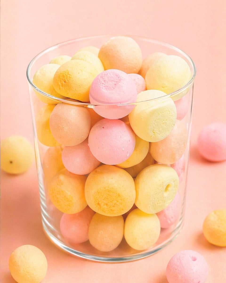 Gefriergetrocknete Crunchies Sour Mix (Vegan) in einem transparenten Glasbehälter – Vorderansicht des Produkts von Astrocat Candy vor neutralem Hintergrund.
