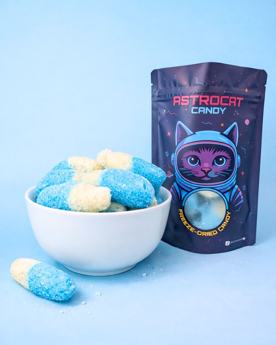 Gefriergetrocknete Himbeer-Flaschen von Astrocat Candy in Vorderansicht mit Tüte