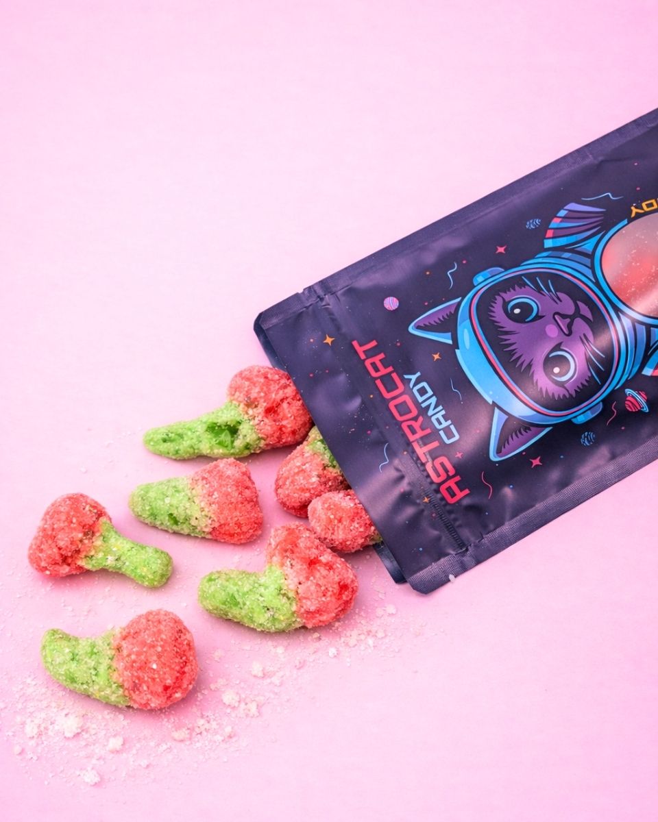 Gefriergetrocknete Kirschen von Astrocat Candy in Ansicht von oben mit liegender Tüte