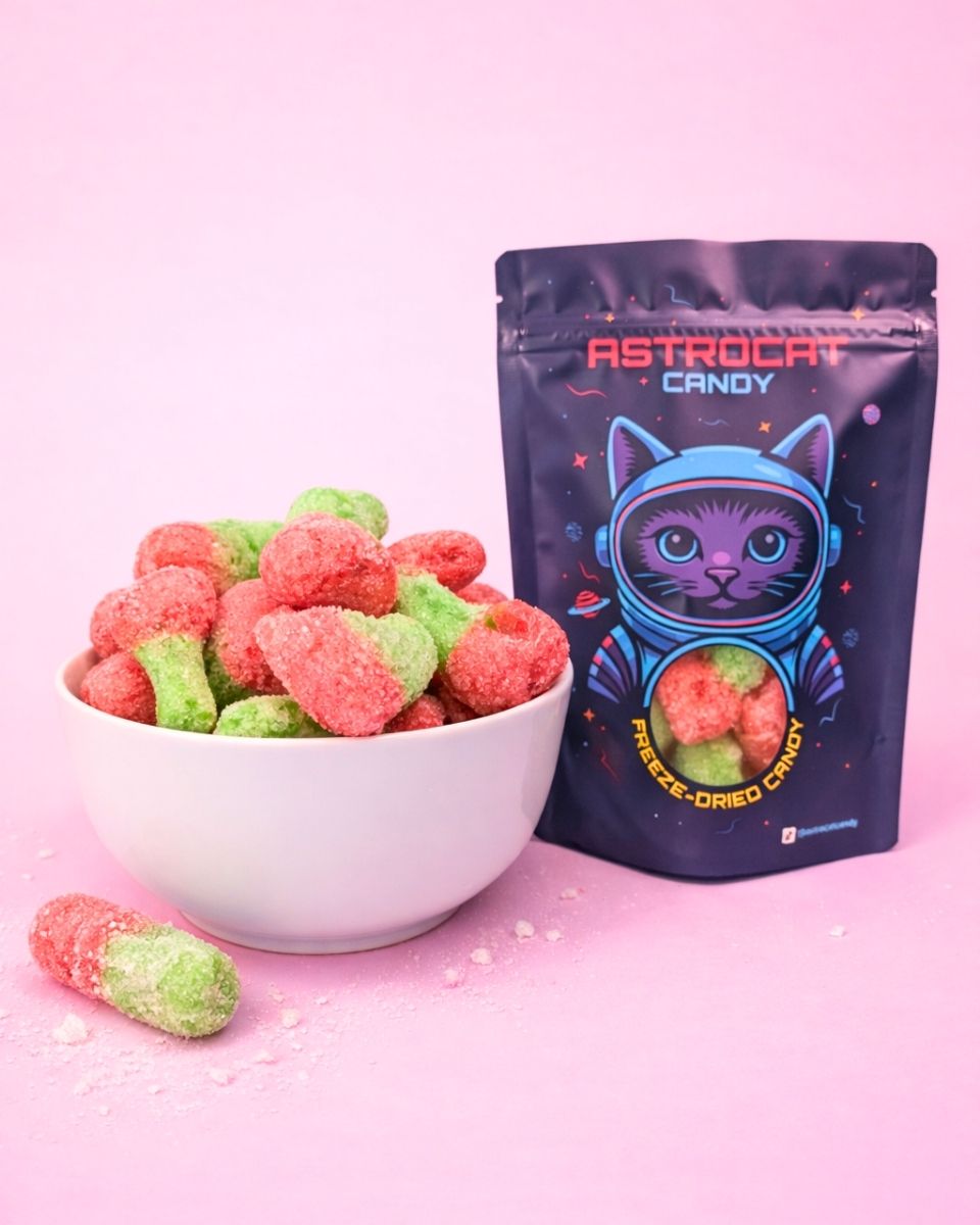 Gefriergetrocknete Kirschen von Astrocat Candy in Vorderansicht mit Tüte