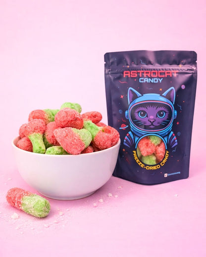 Gefriergetrocknete Kirschen von Astrocat Candy in Vorderansicht mit Tüte