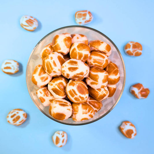 Gefriergetrocknete Krachmacher Cola-Süßigkeiten in einem Glasbehälter – Draufsicht auf die braunen Cola-Kaubonbons von Astrocat Candy.