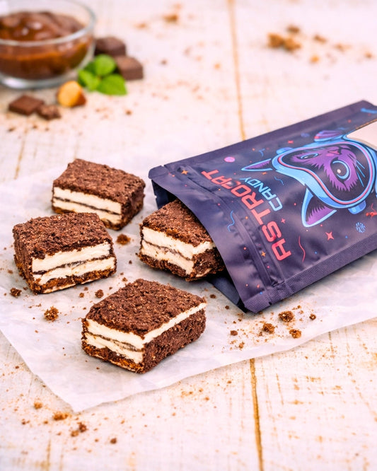 Gefriergetrocknete Pinguinschnitte in der Vorderansicht mit liegender Tüte, knusprig und hochwertig als Produktfoto dargestellt.