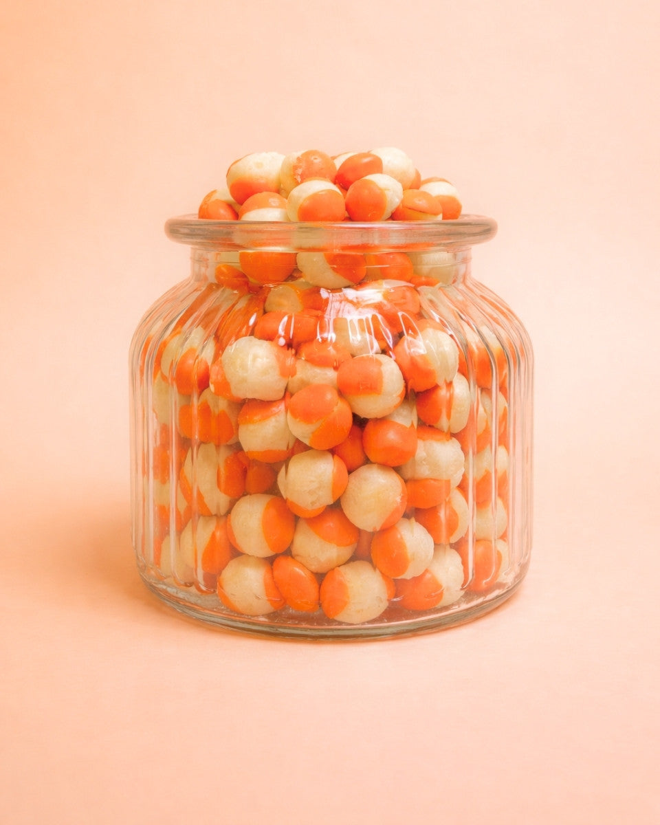 Gefriergetrocknete orangene Rainbow Bites in der Vorderansicht im Glas, knusprig und hochwertig als Produktfoto dargestellt.