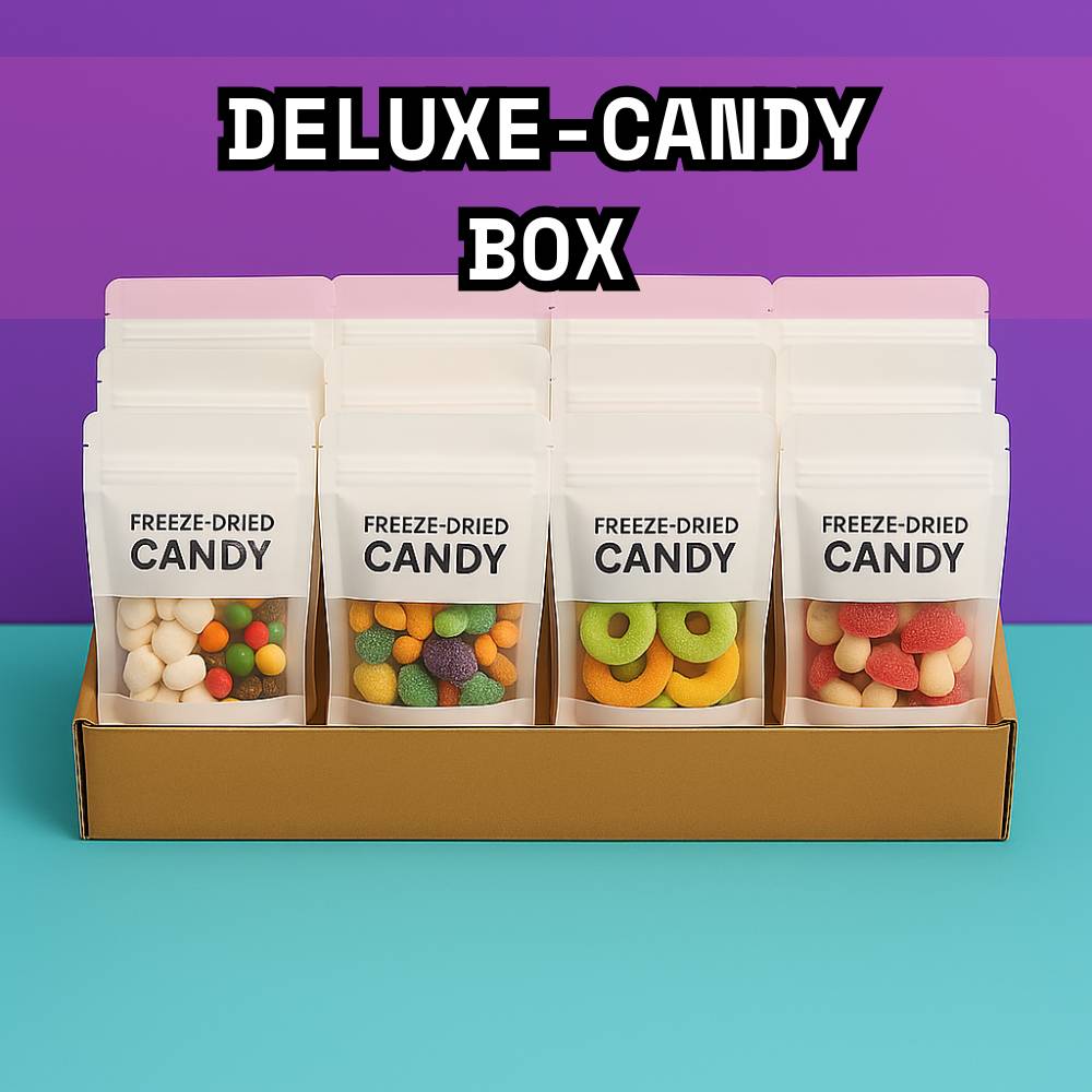 Gefriergetrocknete Süßigkeiten in der 10er Candybox – Vorderansicht der großen Mix-Box von Astrocat Candy mit zehn verschiedenen Sorten in separaten Fächern.