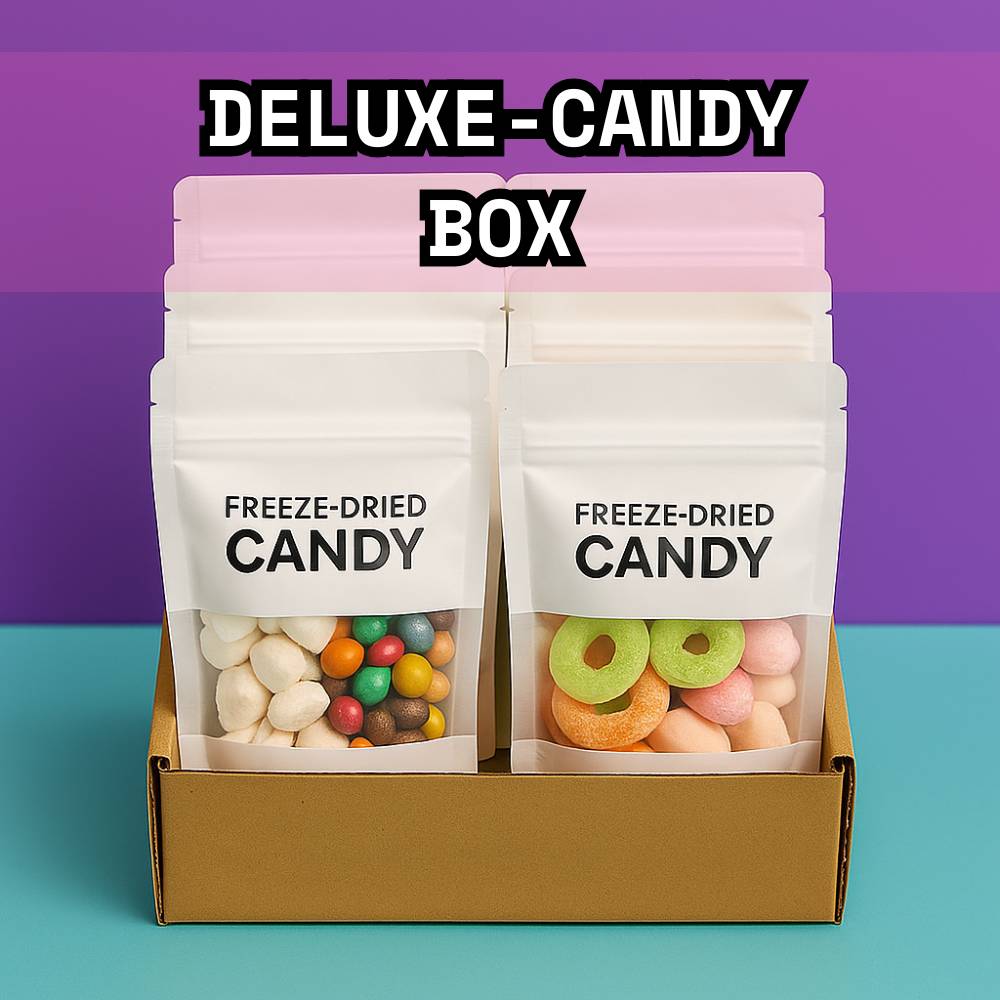 Gefriergetrocknete Süßigkeiten in der 6er Candybox – Vorderansicht der Geschenkbox von Astrocat Candy mit sechs verschiedenen Sorten in einzelnen Fächern.