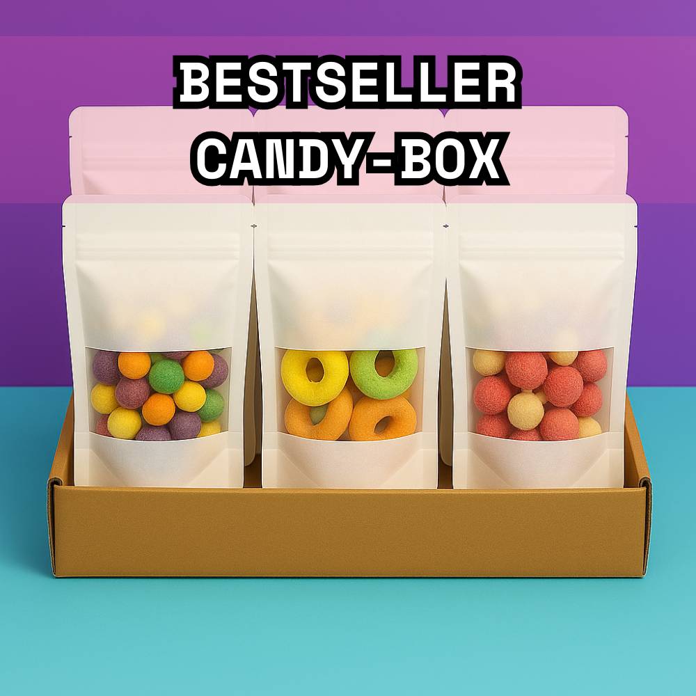 Gefriergetrocknete Süßigkeiten in der Bestseller Candybox – Vorderansicht der Box mit sechs verschiedenen Candytüten von Astrocat Candy, ansprechend nebeneinander arrangiert.