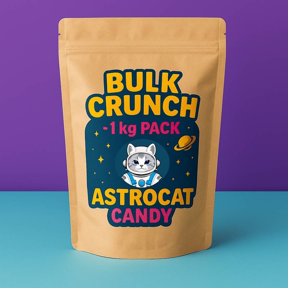 Gefriergetrocknete Süßigkeiten in der Bulk Crunch 1 kg Box – Großpackung von Astrocat Candy mit bunter Mischung für Wiederverkäufer oder Großverbraucher.