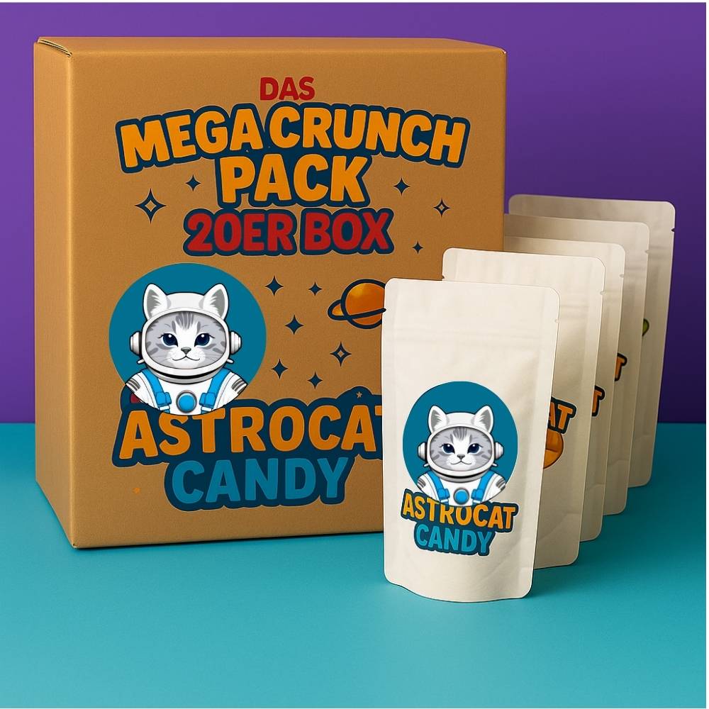 Gefriergetrocknete Süßigkeiten im Mega Crunch Pack – 20er Box mit einzeln verpackten Sorten von Astrocat Candy, ideal für Großabnehmer und Wiederverkäufer.