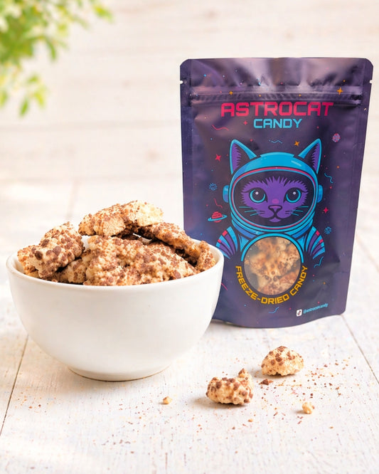 Gefriergetrocknete Crunchy Wunchy in einer Schüssel mit Tüte in der Vorderansicht, knusprig und hochwertig als Produktfoto dargestellt.