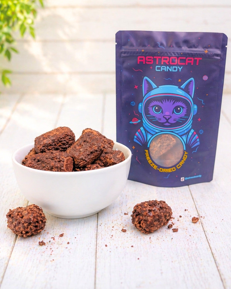Gefriergetrocknete Schoko Crunchies in einer Schüssel mit Tüte in der Vorderansicht, knusprig und hochwertig als Produktfoto dargestellt.