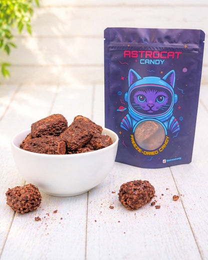 Gefriergetrocknete Schoko Crunchies in einer Schüssel mit Tüte in der Vorderansicht, knusprig und hochwertig als Produktfoto dargestellt.