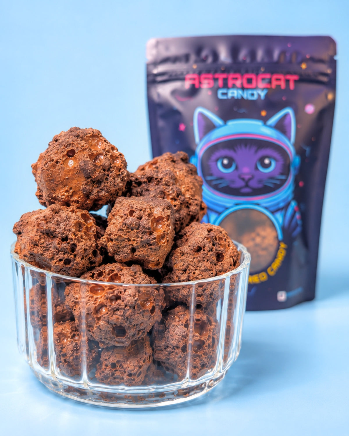 Gefriergetrocknete Schoko Stückchen im Glas mit Astrocat Candy Tüte im Hintergrund
