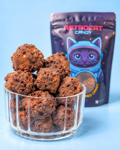 Gefriergetrocknete Schoko Stückchen im Glas mit Astrocat Candy Tüte im Hintergrund