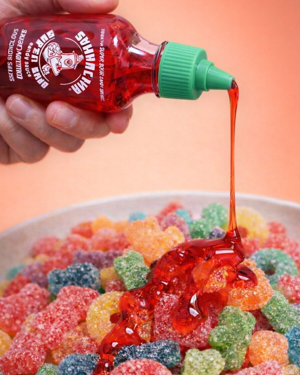 Souracha Super Sour Candy Sauce wird aus der Flasche über bunte Süßigkeiten gegossen.